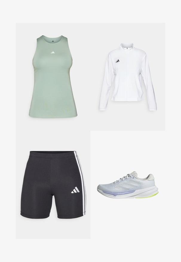 adidas Performance ADIZERO ESSENTIALS - Runningjack - white; Lichtgroene tanktop van een gladde stof, met een ronde hals en een klein wit Adidas-logo op de borst. Tailored fit.; Zwarte sportshorts van rekbare stof, met witte zijstrips en een Adidas-logo op de onderkant van het rechterbeen. Als een gladde textuur.; Witte sportschoen met een ademende mesh bovenkant, een gemêleerd ontwerp en lavendelkleurige accenten. Heeft een gevoerde zool met groene details op de buitenzool.