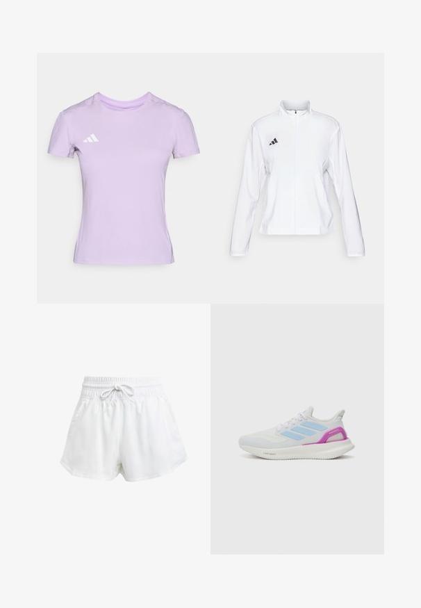 adidas Performance ADIZERO ESSENTIALS - Løpejakke - white; Lyselilla trenings T-skjorte laget av myk stoff, med rund hals og korte ermer, med en hvit Adidas-logo på venstre bryst.; Hvite sportsbukser med elastisk midje og justerbar snor. Laget av lett materiale, med sidelommer og løs passform.; adidas Performance PUREBOOST 5 - Løpesko for vei - white/glow blue/purple burst