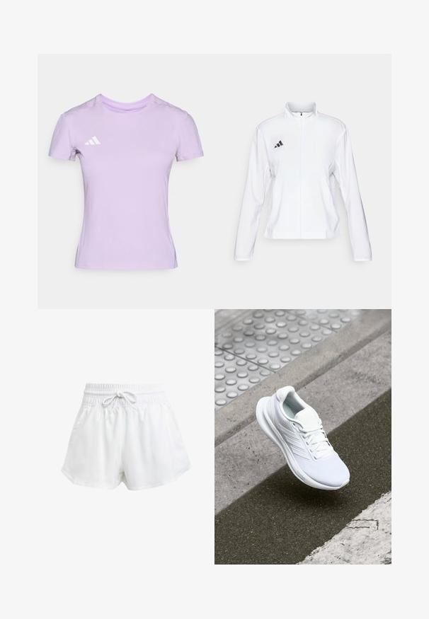 adidas Performance ADIZERO ESSENTIALS - Běžecká bunda - white; Světlé fialové sportovní tričko vyrobené z měkké látky, s kulatým výstřihem a krátkými rukávy, s bílým logem Adidas na levé straně hrudi.; Bílé sportovní kraťasy s elastickým pasem a nastavitelnou šňůrkou. Vyrobené z lehkého materiálu, s bočními kapsami a volným střihem.; Bílé sportovní boty s vrchní částí z síťoviny, šněrovacím designem a texturovanou podrážkou. Jemné logo a detaily bez švů jsou viditelné.