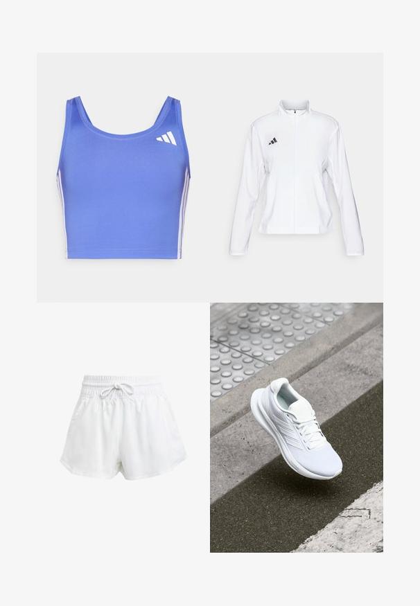 adidas Performance ADIZERO ESSENTIALS - Laufjacke - white; Hellblaues Sport-BH aus dehnbarem Material, mit rundem Ausschnitt, breiten Trägern und weißen seitlichen Streifen sowie einem Logo auf der oberen linken Seite.; Weiße Sportschorts mit elastischem Bund und einstellbarem Kordelzug. Hergestellt aus leichtem Material, mit seitlichen Taschen und lockerer Passform.; Weiße Sportschuhe mit einem Obermaterial aus Mesh, Schnürdesign und strukturiertem Sohlen. Dezente Branding- und nahtlose Konstruktionsdetails sichtbar.