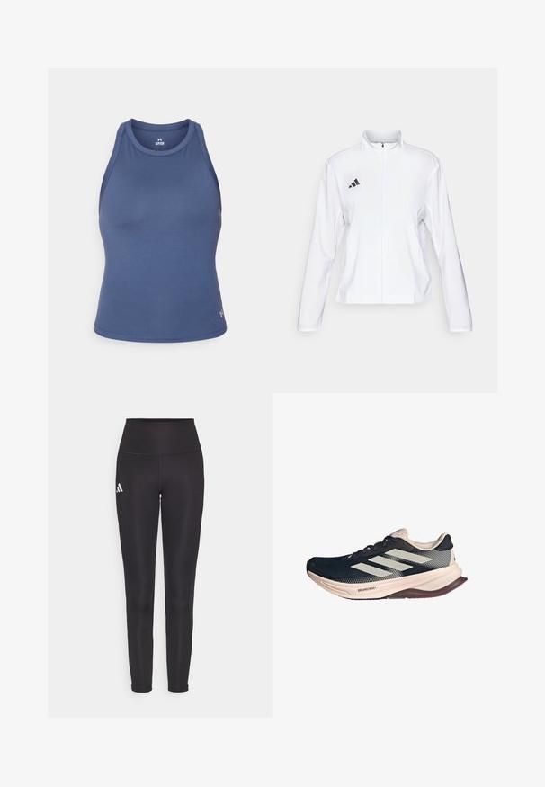 adidas Performance ADIZERO ESSENTIALS - Running jacket - white; Sleeveless athletic top in dark blue, made of smooth, moisture-wicking fabric. Features a rounded neckline and a fitted design.; Black high-waisted leggings made of stretchy fabric. Features a white logo on the left side and sleek, seamless design. Smooth texture.; Running shoe with a dark blue mesh upper, light beige sole, and white three-stripe design. Features a sleek, aerodynamic shape and textured accents.