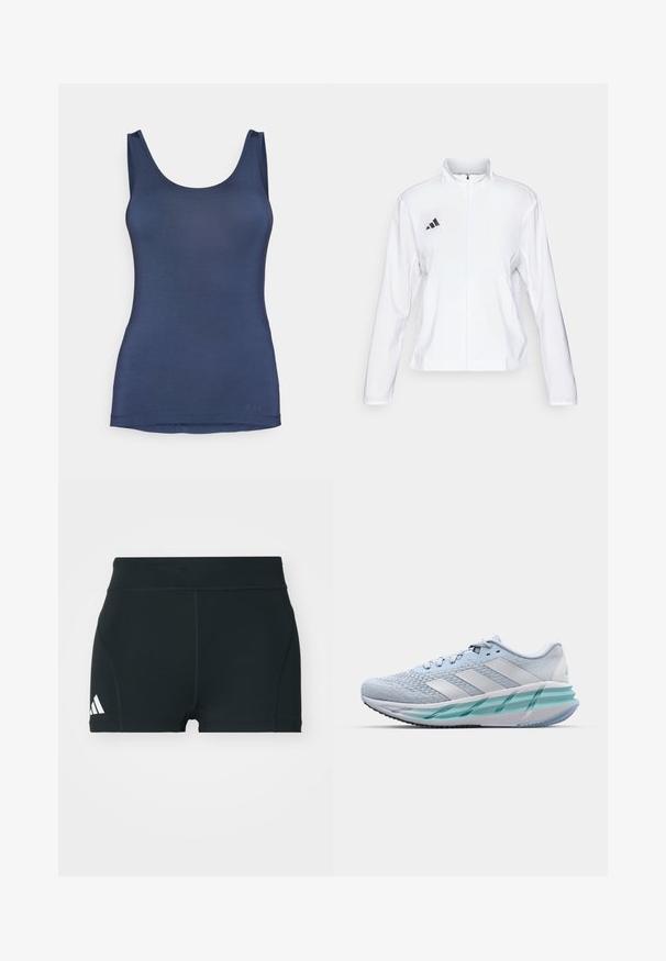 adidas Performance ADIZERO ESSENTIALS - Runningjack - white; Marineblauwe tanktop van glad, rekbaar materiaal, met een ronde halslijn en slim fit. Subtiele logo nabij de zoom.; Zwarte sportieve shorts van rekbaar materiaal, met een hoge tailleband, aangesloten pasvorm en een wit Adidas-logo aan de linkerkant.; Lichtblauwe sportschoenen met een gestructureerde breitbovenkant, witte accenten en een doorzichtige groene tussenzool. Ronde neus en gevoerde kraag.