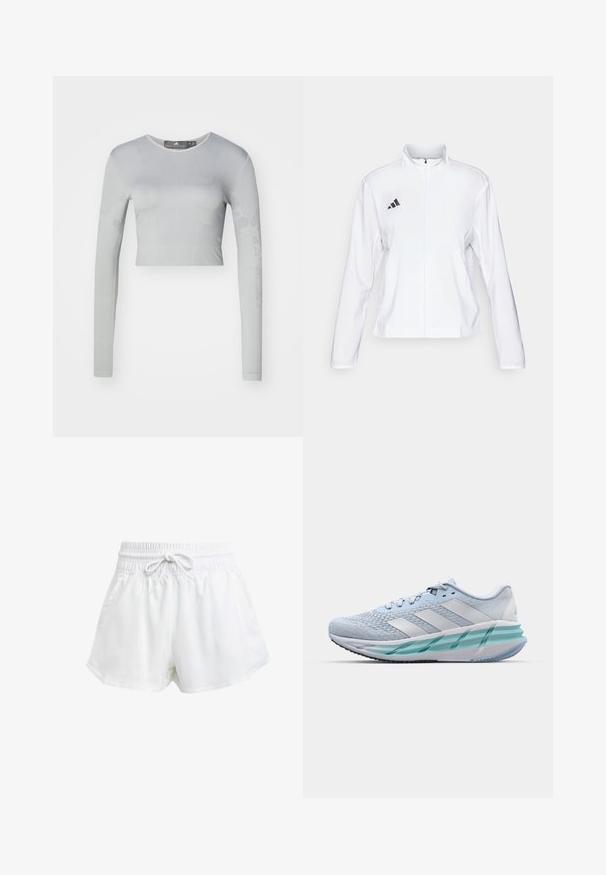 adidas Performance ADIZERO ESSENTIALS - Runningjack - white; Lichtgrijze lange mouwen crop top van rekbaar materiaal, met textuurpatronen en een ronde halslijn met een gladde afwerking.; Witte sportieve shorts met een elastische tailleband en verstelbaar trekkoord. Gemaakt van lichtgewicht materiaal, met zijzakken en een losse pasvorm.; Lichtblauwe sportschoenen met een gestructureerde breitbovenkant, witte accenten en een doorzichtige groene tussenzool. Ronde neus en gevoerde kraag.
