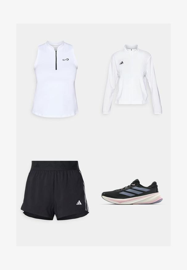 adidas Performance ADIZERO ESSENTIALS - Løbejakker - white; Hvid ærmeløs top med høj krave, med en frontlynlås og et sort logo på venstre side. Glat, let stof.; Sorte sport shorts med elastisk talje, der har et tekstureret bånd, sidestreger og et hvidt Adidas-logo på den nederste kant.; Sorte atletiksko med en mesh-overdel, med grå striber, en hvid mellemsål med lyserøde detaljer og en tekstureret ydersål.