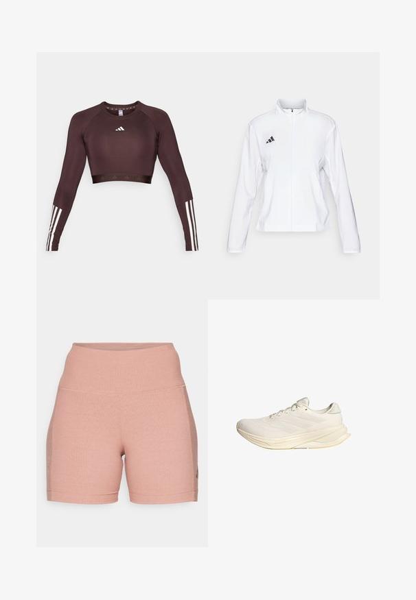 adidas Performance ADIZERO ESSENTIALS - Running jacket - white; Crop top in dark brown fabric with long sleeves. Features white Adidas logo and three white stripes on each sleeve. Smooth texture.; Ribbed, mid-rise shorts in a soft pink color, featuring a seamless waistband and subtle logo detailing along the side.; Light beige athletic shoe with a mesh upper, flat laces, and a cushioned sole. Features three stripes design on the lateral side.