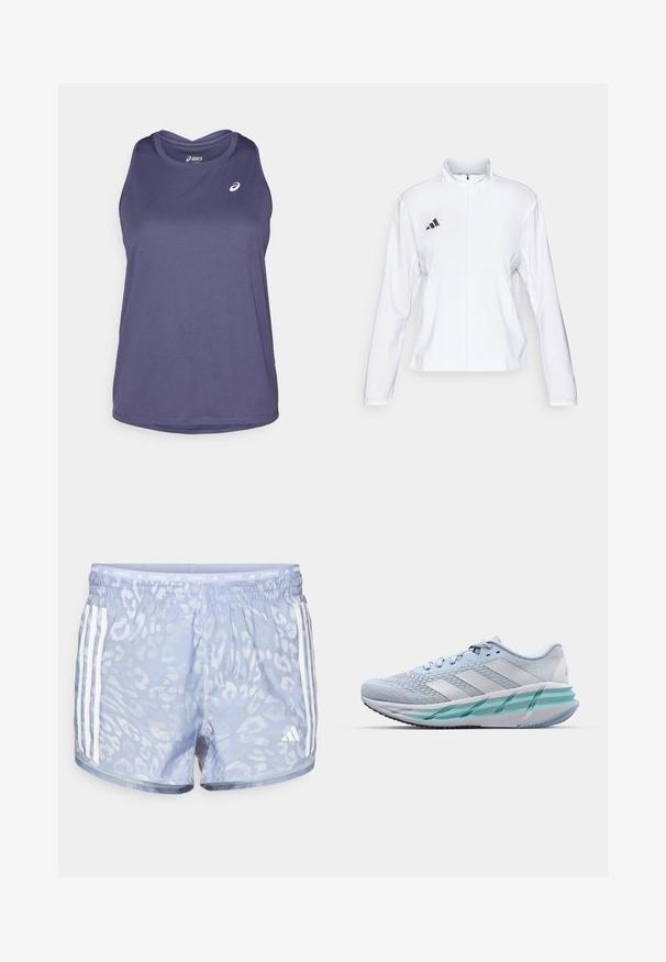 adidas Performance ADIZERO ESSENTIALS - Running jacket - white; Purple sleeveless athletic top made of lightweight fabric, featuring a rounded neckline and subtle branded logo on the front.; Light blue running shorts featuring a subtle leopard print, elastic waistband, and three white stripes on each side.; Light blue athletic shoes with a textured knit upper, white accents, and a transparent green midsole. Rounded toe and padded collar.