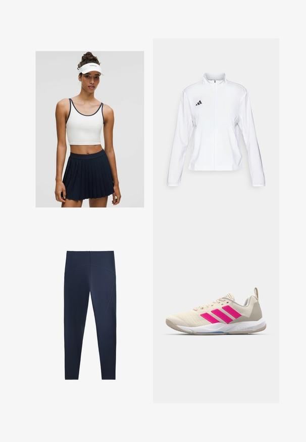 adidas Performance ADIZERO ESSENTIALS - Sportdzseki - white; Fehér, rövidített ujjú tank top, tengerészkék díszítéssel, egy plissé tengerészkék szoknyával párosítva. Az anyag simának és könnyűnek tűnik, aktív viseletre tervezték.; Sötétkék leggings sima, rugalmas anyagból. Testhezálló kialakítással rendelkezik, ívelt varrásokkal és széles derékrésszel.; Beige sportcipő rózsaszín háromsávos logóval, texturált hálós felső résszel, párnázott nyakkal és fehér gumitalppal, "LIGHTSTRIKE" márkajelzéssel.