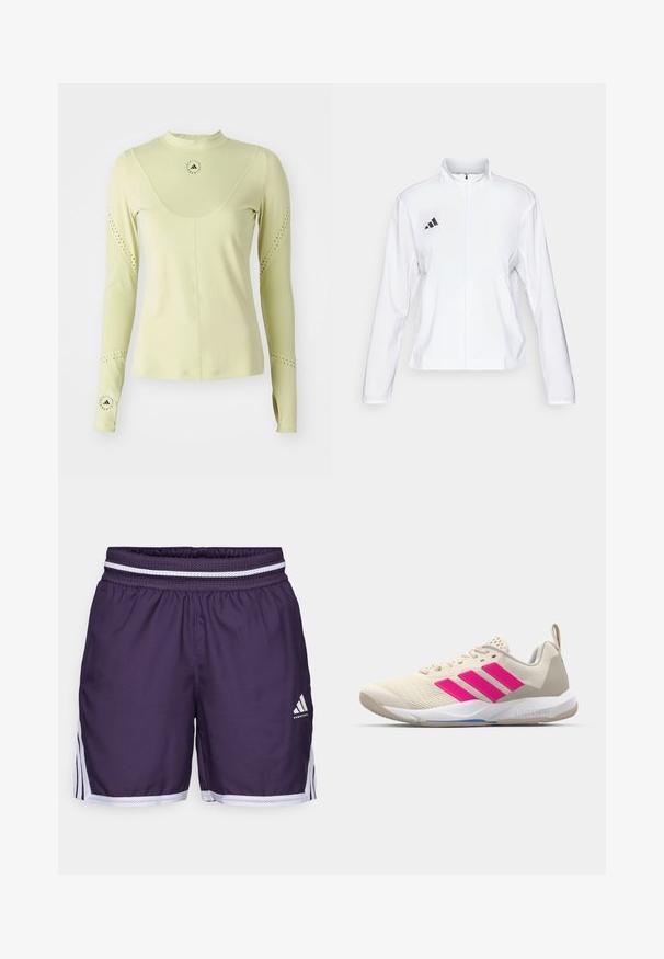 adidas Performance ADIZERO ESSENTIALS - Laufjacke - white; adidas by Stella McCartney Langarmshirt - halo gold; Lila Basketballshorts mit einem elastischen Bund, der weiße Netzeinsätze aufweist. Enthält seitliche Streifen und ein Logo an der unteren Vorderseite.; Beige Sportsschuh mit pinkem Dreistreifen-Logo, strukturiertem Mesh-Obermaterial, gepolstertem Schaft und weißer Gummisohle, mit "LIGHTSTRIKE"-Branding.