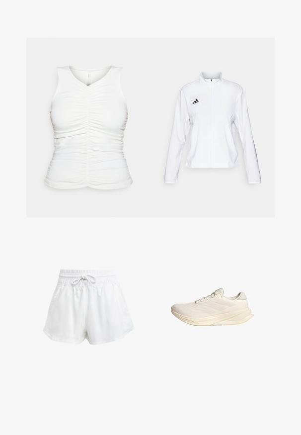 adidas Performance ADIZERO ESSENTIALS - Giacca da running - white; Top bianco senza maniche con dettagli arricciati lungo il davanti e i lati. Tessuto morbido e liscio; scollatura a V; silhouette aderente.; Pantaloni sportivi bianchi con cintura elastica e cordino regolabile. Realizzati in materiale leggero, presentano tasche laterali e una vestibilità ampia.; Scarpa sportiva beige chiaro con tomaia in rete, lacci piatti e soletta ammortizzata. Presenta un design a tre strisce sul lato laterale.