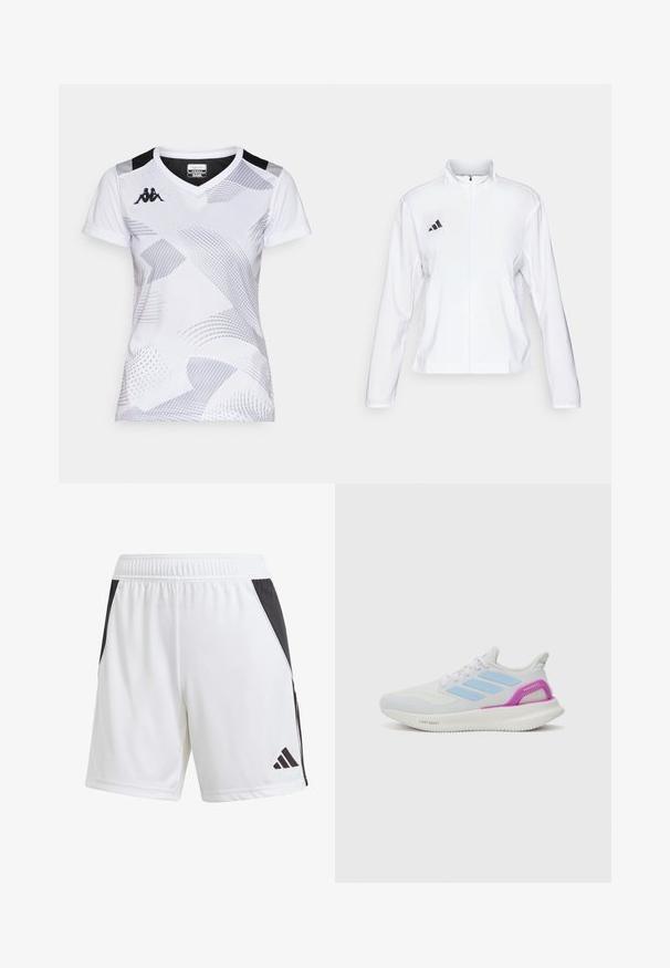 adidas Performance ADIZERO ESSENTIALS - Running jacket - white; White sports t-shirt with a v-neck, featuring abstract grey patterns and black accents on the shoulders. Fabric appears lightweight and smooth.; White athletic shorts with a black side panel, made of lightweight fabric. Features an elastic waistband and a black Adidas logo on the lower leg.; adidas Performance PUREBOOST 5 - Road running shoes - white/glow blue/purple burst