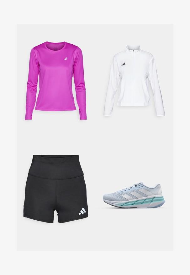 adidas Performance ADIZERO ESSENTIALS - Running jacket - white; ASICS CORE TOP - Long sleeved top - bold magenta; adidas Performance Leggings - black; Light blue athletic shoes with a textured knit upper, white accents, and a transparent green midsole. Rounded toe and padded collar.