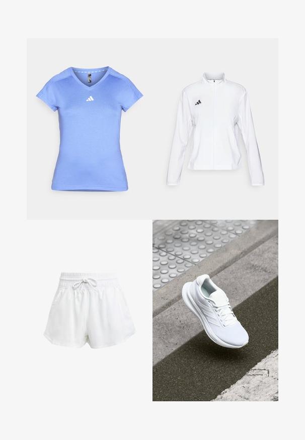 adidas Performance ADIZERO ESSENTIALS - Løpejakke - white; Lys blå trenings T-skjorte med korte ermer, V-hals-design og hvit Adidas-logo på brystet. Laget av glatt, lett stoff.; Hvite sportsbukser med elastisk midje og justerbar snor. Laget av lett materiale, med sidelommer og løs passform.; Hvit atletisk sko med mesh-overdel, snørelukking og strukturert såle. Diskret merkevare og sømløse konstruksjonsdetaljer synlige.