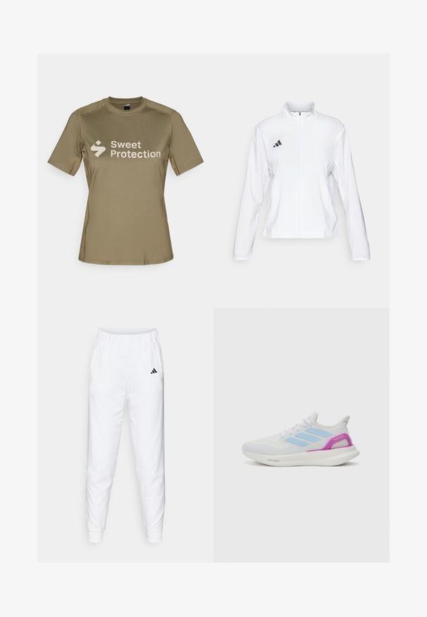 adidas Performance ADIZERO ESSENTIALS - Juoksutakki - white; Lyhythihainen, oliivinvihreä urheilusormi, joka on valmistettu sileästä ja kevyestä kankaasta. Edessä on valkoinen "Sweet Protection" -logo.; Valkoiset urheiluhousut, joissa on joustava vyötärö ja lahkeiden resorit. Sivutaskut ja pieni musta logo vasemmassa reidessä. Silkkinen kankaan pinta.; adidas Performance PUREBOOST 5 - Katujuoksukengät - white/glow blue/purple burst