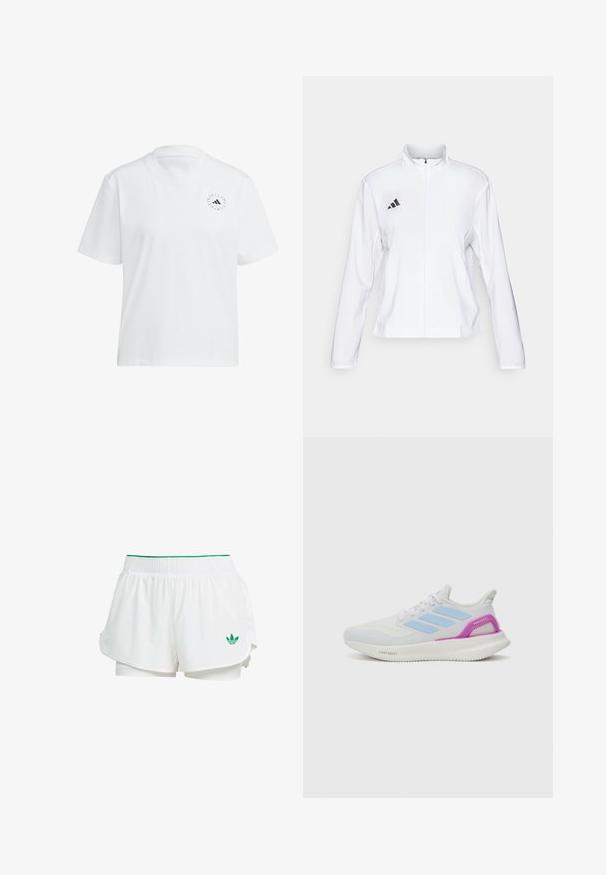 adidas Performance ADIZERO ESSENTIALS - Sportdzseki - white; Fehér pamut póló kerek nyakkivágással és rövid ujjakkal. Bal mellen egy kis fekete logó található. Egyszínű, sima textúrájú.; Fehér sportnadrág rétegezett kialakítással, rugalmas derékkal, zöld részletekkel és egy kis zöld logóval a bal alsó oldalon.; adidas Performance PUREBOOST 5 - Utcai futócipők - white/glow blue/purple burst