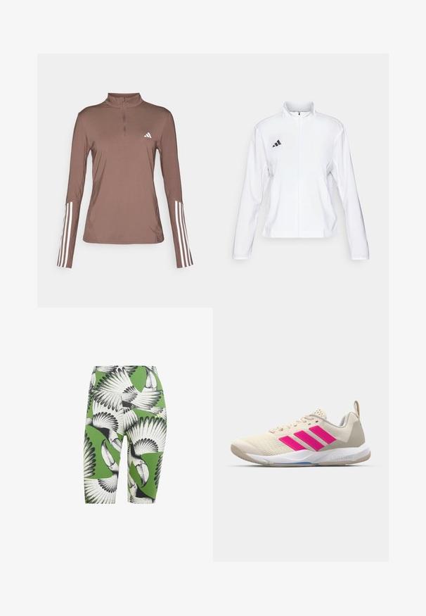 adidas Performance ADIZERO ESSENTIALS - Running jacket - white; Brown long-sleeve athletic top with a half zip, featuring white three-stripe accents on sleeves and a small white logo on the chest.; Green cycling shorts featuring a black and white toucan print. Material has a smooth texture with a fitted design and mid-thigh length.; Beige athletic shoe with pink three-stripe logo, textured mesh upper, padded collar, and white rubber sole, featuring "LIGHTSTRIKE" branding.