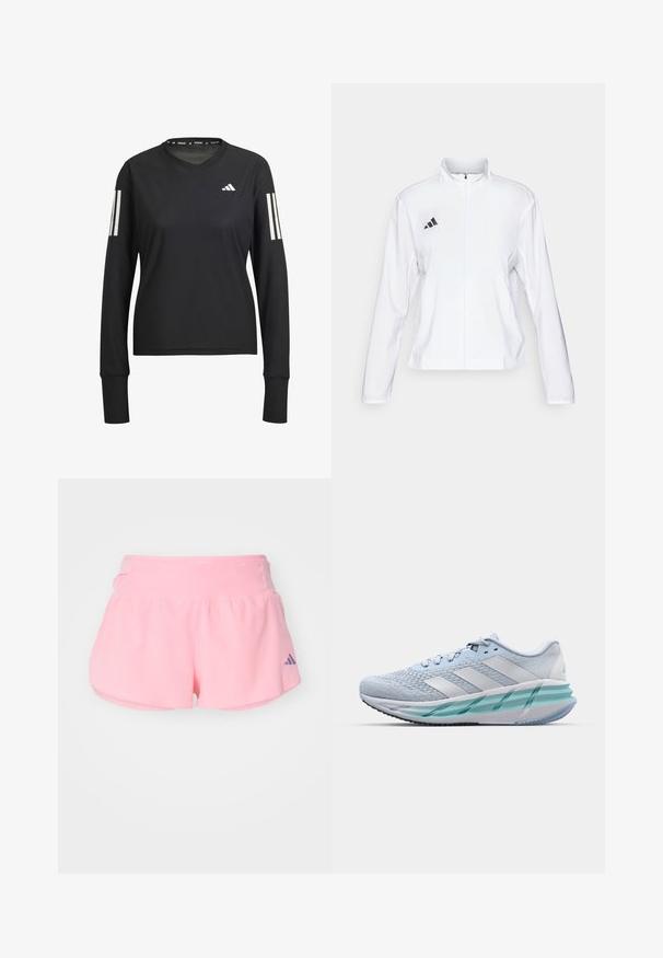 adidas Performance ADIZERO ESSENTIALS - Runningjack - white; Zwarte sportieve longsleeve met ronde hals, gemaakt van lichtgewicht stof. Bevat drie witte strepen op elke mouw en een logo.; adidas Performance ADIZERO GEL - Korte broeken - semi pink spark; Lichtblauwe sportschoenen met een gestructureerde breitbovenkant, witte accenten en een doorzichtige groene tussenzool. Ronde neus en gevoerde kraag.