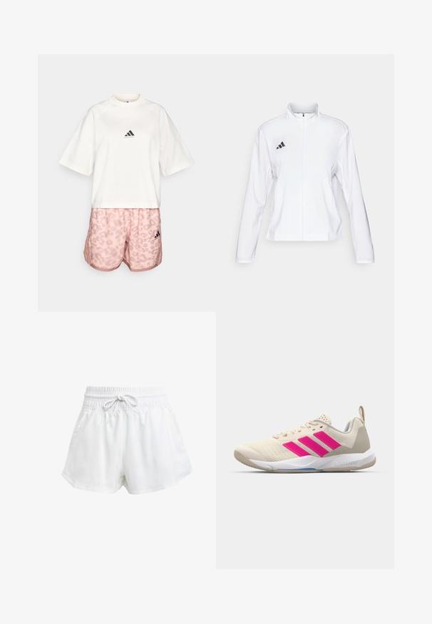 adidas Performance ADIZERO ESSENTIALS - Giacca da running - white; adidas Performance TEE - T-shirt con stampa - chalk white; Pantaloni sportivi bianchi con cintura elastica e cordino regolabile. Realizzati in materiale leggero, presentano tasche laterali e una vestibilità ampia.; Scarpa sportiva beige con logo a tre strisce rosa, tomaia in rete testurizzata, collo imbottito e suola in gomma bianca, con il marchio "LIGHTSTRIKE".
