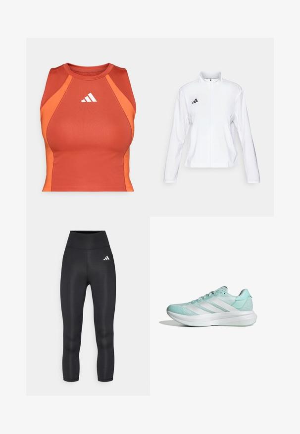 adidas Performance ADIZERO ESSENTIALS - Runningjack - white; Oranje atletisch crop top gemaakt van een glad, rekbaar materiaal. Heeft een racerback ontwerp en een wit logo op de voorkant.; Zwarte high-waisted leggings van glad, rekbaar materiaal met een klein wit Adidas-logo op de linker heup.; Lichtblauwe hardloopschoen met een bovenkant van mesh, drie witte strepen aan de zijkant, een gevoerde kraag en een gestructureerde zool voor grip.