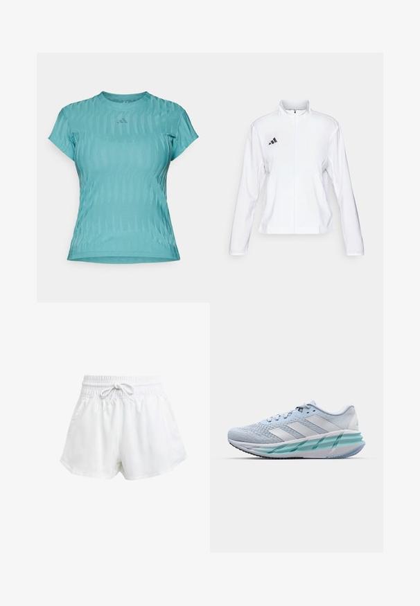 adidas Performance - Kurtka do biegania; Akwamarynowa koszulka sportowa z krótkim rękawem, z teksturowanym wzorem, z okrągłym dekoltem i małym logo na piersi.; Białe sportowe szorty z elastycznym pasem i regulowanym sznurkiem. Wykonane z lekkiego materiału, z bocznymi kieszeniami i luźnym krojem.; Jasnoniebieskie buty sportowe z teksturowaną cholewką z dzianiny, białymi akcentami i przezroczystą zieloną podeszwą środkową. Okrągły czubek i wyściełany kołnierz.