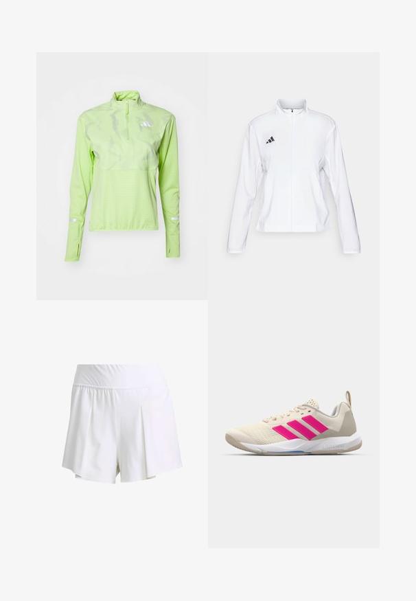 adidas Performance ADIZERO ESSENTIALS - Striukė bėgimui - white; adidas Performance ULTIMATE VIS REFLECTIVE 1/2-ZIP - Ilgarankovis viršutinės dalies drabužis - pulse lime; Balti sportiniai šortai su elastingu diržu, klostuota konstrukcija ir lygiu, lengvu audiniu. Tinka aktyviam dėvėjimui.; Bežiniai sportiniai bateliai su rožinėmis trimis juostomis, tekstūruota tinklelio viršutinė dalis, paminkštinta apykaklė ir balta guma neslystančia padu, turintys "LIGHTSTRIKE" prekės ženklą.
