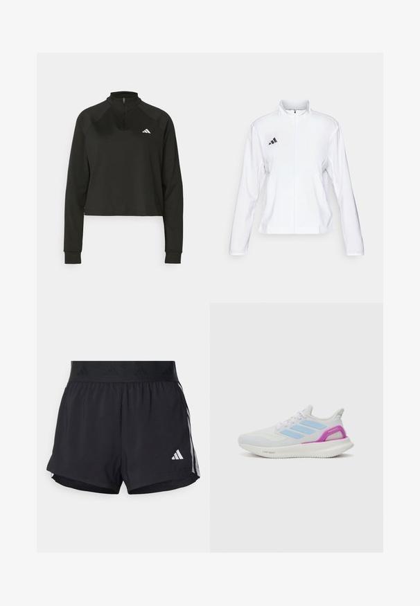 adidas Performance ADIZERO ESSENTIALS - Løpejakke - white; Svart quarter-zip genser laget av glatt stoff med lange ermer, med høy krage og en hvit logo på venstre bryst.; Sorte treningsshorts med elastisk midjebånd, med en teksturert stripe, sidestriper og hvit Adidas-logo på den nedre kanten.; adidas Performance PUREBOOST 5 - Løpesko for vei - white/glow blue/purple burst