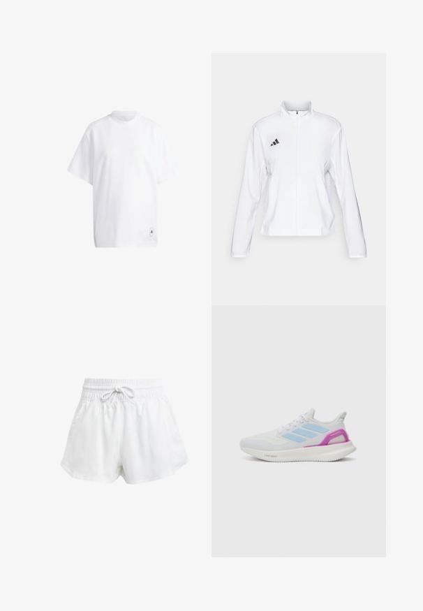 adidas Performance ADIZERO ESSENTIALS - Bežecká bunda - white; Biela bavlnená tričko s krátkymi rukávmi, okrúhlym výstrihom a uvoľneným strihom. Výnimočná detail: malý čierny grafický logo na leme.; Biele športové šortky s elastickým pásom a nastavitelnou šnúrkou. Vyrobené z ľahkého materiálu, s bočnými vreckami a voľným strihom.; adidas Performance PUREBOOST 5 - Cestná bežecká obuv - white/glow blue/purple burst