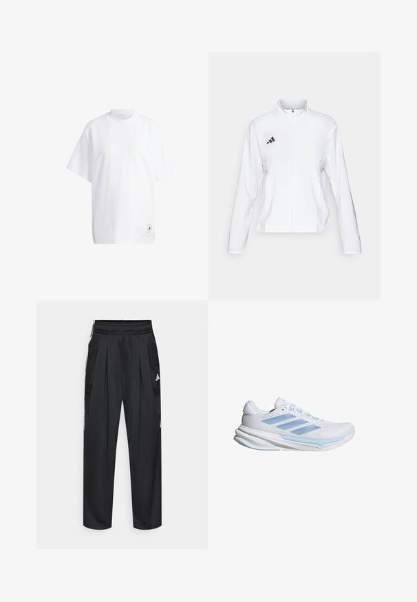 adidas Performance ADIZERO ESSENTIALS - Running jacket - white; White cotton t-shirt with short sleeves, round neck, and a relaxed fit. Notable detail: small black graphic logo on the hem.; Black athletic pants with pleats, elastic waistband, and side stripes. Made from smooth fabric, featuring the Adidas logo in white.; White running shoes with light blue accents, breathable mesh upper, three-stripe design, cushioned sole, and textured traction outsole.