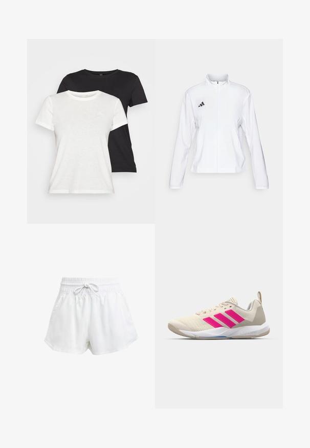 adidas Performance ADIZERO ESSENTIALS - Giacca da running - white; Due magliette a maniche corte in bianco e nero. Entrambe presentano un colletto tondo, tessuto morbido e un piccolo logo discreto nell'angolo in alto a sinistra.; Pantaloni sportivi bianchi con cintura elastica e cordino regolabile. Realizzati in materiale leggero, presentano tasche laterali e una vestibilità ampia.; Scarpa sportiva beige con logo a tre strisce rosa, tomaia in rete testurizzata, collo imbottito e suola in gomma bianca, con il marchio "LIGHTSTRIKE".