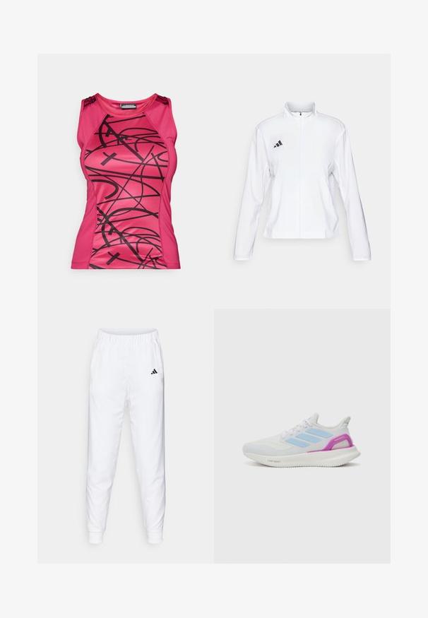 adidas Performance ADIZERO ESSENTIALS - Løpejakke - white; Fittet rosa trenings-T-skjorte med svart abstrakt design, glatt tekstur og kontrasterende skulderdetaljer.; Hvite treningseffekter med elastisk midje og mansjetter. Har sidelommer og en liten svart logo på venstre lår. jevnt stofffinish.; adidas Performance PUREBOOST 5 - Løpesko for vei - white/glow blue/purple burst