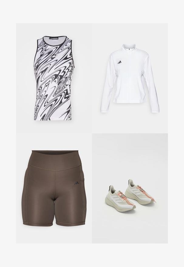 adidas Performance ADIZERO ESSENTIALS - Løpejakke - white; Uten ermer topp i et svart og hvitt svirvlemønster, laget av lett stoff med rund hals og flate sømmer for komfort.; Brune idrettsshorts med en jevn tekstur, høy midje og kontrasterende mørke sømmer. Har en liten svart logo på venstre side.; Lysfargede treningssko med et teksturert hvitt stoffoverdel, oransje snøring og en tykk, polstret såle. Tre-stripesdesign på siden.