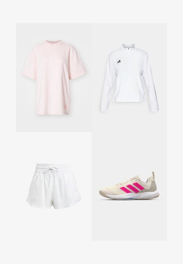 adidas Performance ADIZERO ESSENTIALS - Løpejakke - white; adidas by Stella McCartney LOGO TEE - T-shirts med print - pink; Hvite sportsbukser med elastisk midje og justerbar snor. Laget av lett materiale, med sidelommer og løs passform.; Beige atletik sko med rosa tre-stripes logo, teksturert mesh-overdel, polstret krage og hvit gummisåle, med "LIGHTSTRIKE" merke.