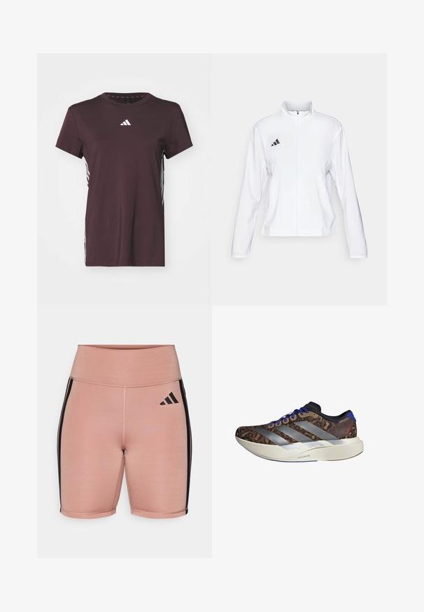 adidas Performance ADIZERO ESSENTIALS - Juoksutakki - white; adidas Performance Tekninen t-paita - shadow brown/white; Vaaleanpunaiset urheilushortsit, joissa on korkea vyötärö ja jotka on valmistettu joustavasta materiaalista. Sisältää mustat sivuraitat ja Adidas-logon vasemmalla puolella.; Juoksukengät, joissa on ruskea leopardikuosiset päälliset, hopeiset raidat, siniset yksityiskohdat ja valkoinen välipohja, jossa lukee "LIGHTSTRIKE PRO." Kevyt muotoilu.