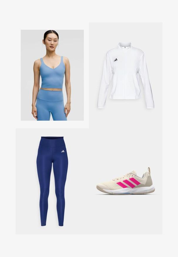 adidas Performance ADIZERO ESSENTIALS - Running jacket - white; Light blue sports bralette with a v-neck, thick shoulder straps, and a fitted design, made from smooth, stretchy fabric.; Navy blue leggings made of stretchy material with a high waistband. Features a white Adidas logo on the front left thigh.; Beige athletic shoe with pink three-stripe logo, textured mesh upper, padded collar, and white rubber sole, featuring "LIGHTSTRIKE" branding.