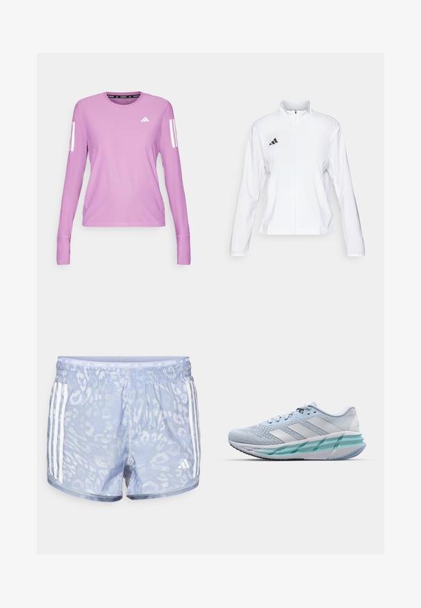 adidas Performance ADIZERO ESSENTIALS - Running jacket - white; adidas Performance Long sleeved top - preloved purple; Light blue running shorts featuring a subtle leopard print, elastic waistband, and three white stripes on each side.; Light blue athletic shoes with a textured knit upper, white accents, and a transparent green midsole. Rounded toe and padded collar.