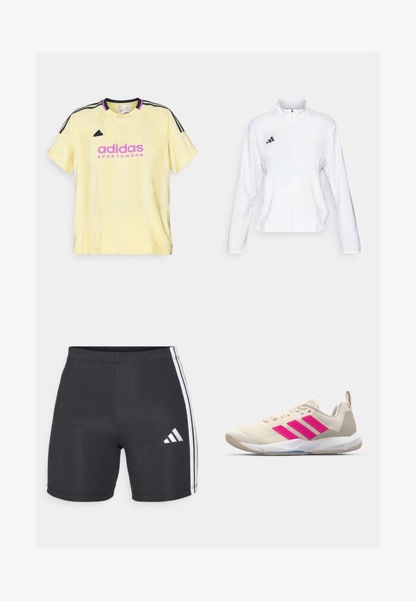 adidas Performance ADIZERO ESSENTIALS - Bežecká bunda - white; adidas Sportswear TIRO CUT STRIPES BOYFRIEND - Tričko s potlačou - almost yellow; Čierne športové šortky vyrobené z elastického materiálu, s bielymi bočnými pruhmi a logom Adidas na dolnej pravej nohe. Hladká textura.; Béžová atletická obuv s ružovým logom trojpruhov, textúrovaný sieťový zvršok, polstrovaný golier a biela gumová podrážka s označením "LIGHTSTRIKE".