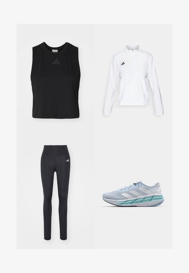 adidas Performance ADIZERO ESSENTIALS - Laufjacke - white; Schwarzes, kurz geschnittenes, ärmelloses Top aus weichem Stoff, mit rundem Ausschnitt und einem dezenten, geprägten Logo auf der Brust.; Schwarze Sportleggins aus dehnbarem Material mit hohem Bund und einem weißen Markenlogo auf der linken Hüfte.; Helle blaue Sportschuhe mit einem strukturierten Strickobermaterial, weißen Akzenten und einer transparenten grünen Zwischensohle. Abgerundete Zehenpartie und gepolsterter Schaft.