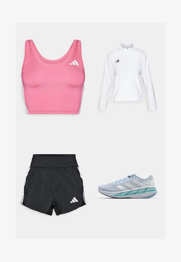 adidas Performance ADIZERO ESSENTIALS - Giacca da running - white; Top corto sportivo rosa realizzato in materiale elastico, con scollatura rotonda e accenti bianchi del logo sul lato sinistro.; Pantaloni sportivi neri realizzati in materiale leggero, con una cintura larga, strisce laterali bianche e un piccolo logo bianco sull'orlo inferiore.; Scarpe da ginnastica azzurro chiaro con tomaia in maglia testurizzata, accenti bianchi e suola intermedia verde trasparente. Punta rotonda e colletto imbottito.