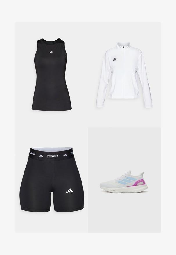 adidas Performance ADIZERO ESSENTIALS - Striukė bėgimui - white; Juodas be rankovių sportinis marškinėlis, pagamintas iš lygaus audinio. Savybės: apvalus iškirpimas ir mažas baltas Adidas logotipas ant krūtinės.; Juodi šortai, pagaminti iš tamprių medžiagų, su prigludusia forma. Yra platus juodas juosmuo, pažymėtas "TECHFIT", ir baltas logotipas ant kojos.; adidas Performance PUREBOOST 5 - Bėgimo batai plentui - white/glow blue/purple burst