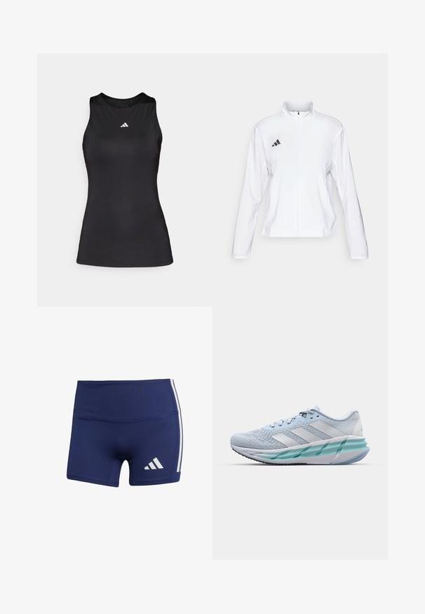 adidas Performance - Kurtka do biegania; Czarny bezrękawnik sportowy wykonany z gładkiego materiału. Posiada okrągły dekolt i małe białe logo Adidas na piersi.; Granatowe szorty sportowe o obcisłym kroju, wykonane z gładkiego materiału, z białymi pasami po bokach i logo w dolnej lewej części.; Jasnoniebieskie buty sportowe z teksturowaną cholewką z dzianiny, białymi akcentami i przezroczystą zieloną podeszwą środkową. Okrągły czubek i wyściełany kołnierz.