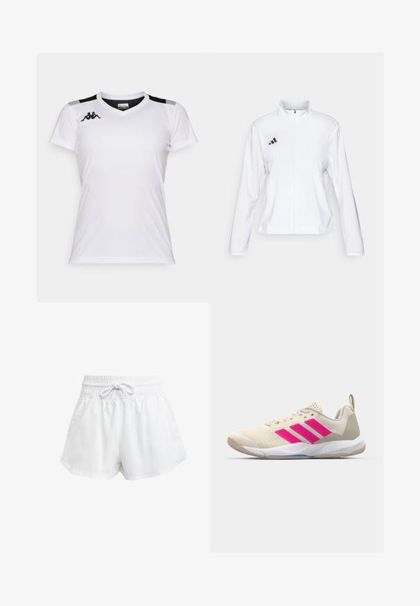 adidas Performance ADIZERO ESSENTIALS - Running jacket - white; White athletic shirt made of lightweight fabric. Features a v-neck, short sleeves, and black accents on the shoulders. Kappa logo on the chest.; White athletic shorts with an elastic waistband and adjustable drawstring. Made from lightweight material, featuring side pockets and a loose fit.; Beige athletic shoe with pink three-stripe logo, textured mesh upper, padded collar, and white rubber sole, featuring "LIGHTSTRIKE" branding.