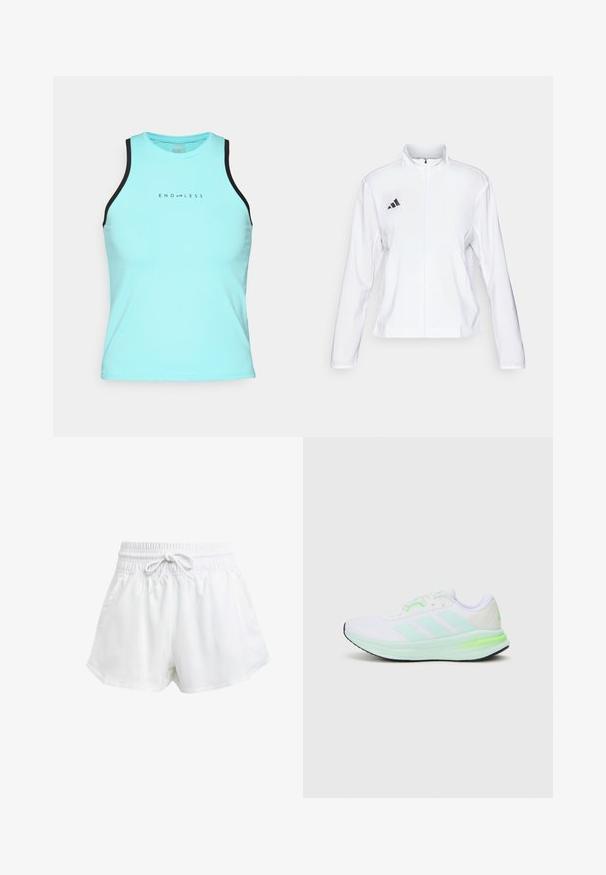 adidas Performance ADIZERO ESSENTIALS - Sportska jakna - white; Endless ESSENTIAL - Top - aqua; Bijele atletske šorceve s elastičnom strukom i podešavanjem pomoću vezice. Napravljeni su od laganog materijala, imaju bočne džepove i širok kroj.; Bela atletska cipela s mrežastim gornjim dijelom, akcentima u limeta zeleni boji i crnom potplatu. Ima trostruki dizajn pruga sa strane i podstavljeni ovratnik.