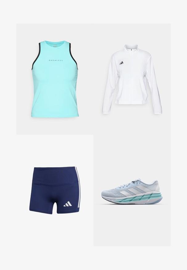 adidas Performance ADIZERO ESSENTIALS - Laufjacke - white; Endless ESSENTIAL - Top - aqua; Marineblaue Sportshorts mit enganliegendem Schnitt, aus glattem Stoff, mit weißen seitlichen Streifen und einem Logo auf der unteren linken Seite.; Helle blaue Sportschuhe mit einem strukturierten Strickobermaterial, weißen Akzenten und einer transparenten grünen Zwischensohle. Abgerundete Zehenpartie und gepolsterter Schaft.