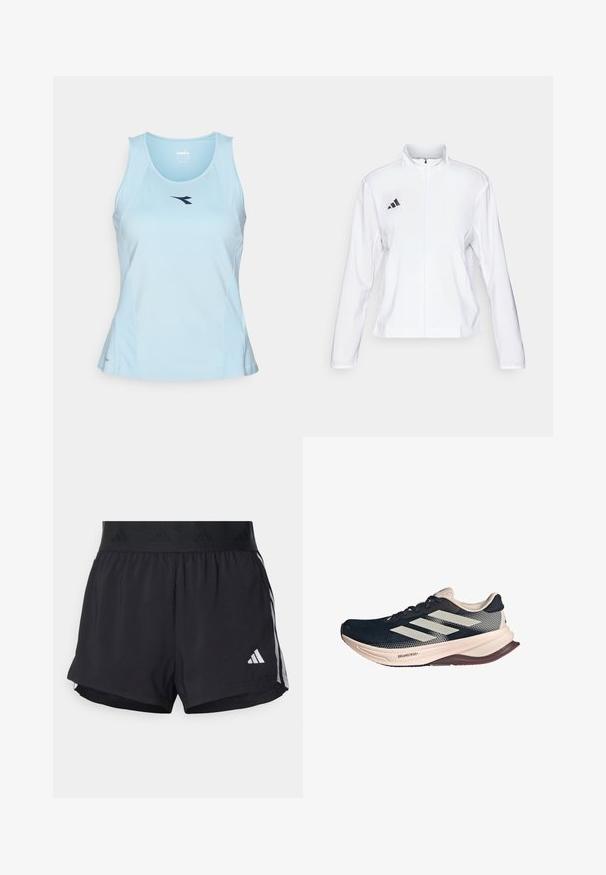 adidas Performance ADIZERO ESSENTIALS - Löparjacka - white; Ljusblå atletisk linne i slät tyg, med rundad halsringning och en mörkblå logotyp på bröstet.; Svarta sportshorts med elastisk midja, som har en texturerad rem, sidostråk och en vit Adidas-logotyp på den nedre fållen.; Löparskor med en mörkblå meshövre, ljusbeige sula och vit tre-stripes design. Har en strömlinjeformad, aerodynamisk form och texturerade detaljer.