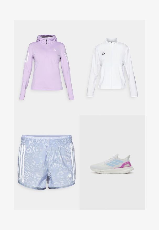 adidas Performance ADIZERO ESSENTIALS - Spordijope - white; Heledane lilla pikkade varrukatega kapuuts, millel on pooltik, valgete kolme triibuga aktsendid varrukatel ja ümar kaelus.; Heledad sinine jooksushorts, millel on kerge leopardimuster, elastne vöökoht ja igal küljel kolm valget triipu.; adidas Performance PUREBOOST 5 - Maanteejooksu jalatsid - white/glow blue/purple burst