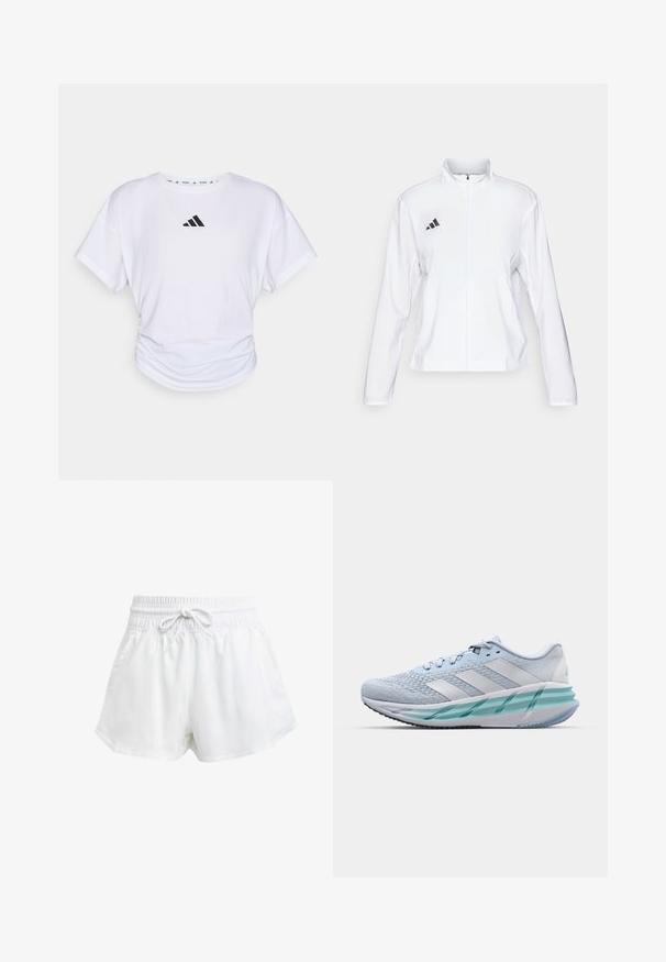 adidas Performance ADIZERO ESSENTIALS - Running jacket - white; White short-sleeve T-shirt with a round neckline, featuring a black Adidas logo on the upper chest and a gathered texture at the waist.; White athletic shorts with an elastic waistband and adjustable drawstring. Made from lightweight material, featuring side pockets and a loose fit.; Light blue athletic shoes with a textured knit upper, white accents, and a transparent green midsole. Rounded toe and padded collar.