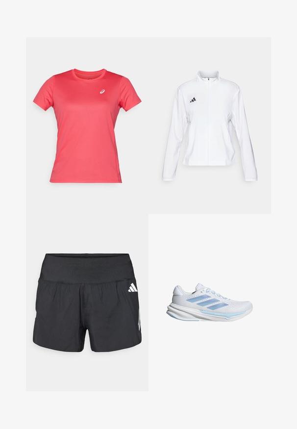 adidas Performance ADIZERO ESSENTIALS - Running jacket - white; ASICS CORE TOP - Sports T-shirt - pixel pink; Black athletic shorts featuring a wide elastic waistband, lightweight fabric, and white logo accents on the lower side.; White running shoes with light blue accents, breathable mesh upper, three-stripe design, cushioned sole, and textured traction outsole.