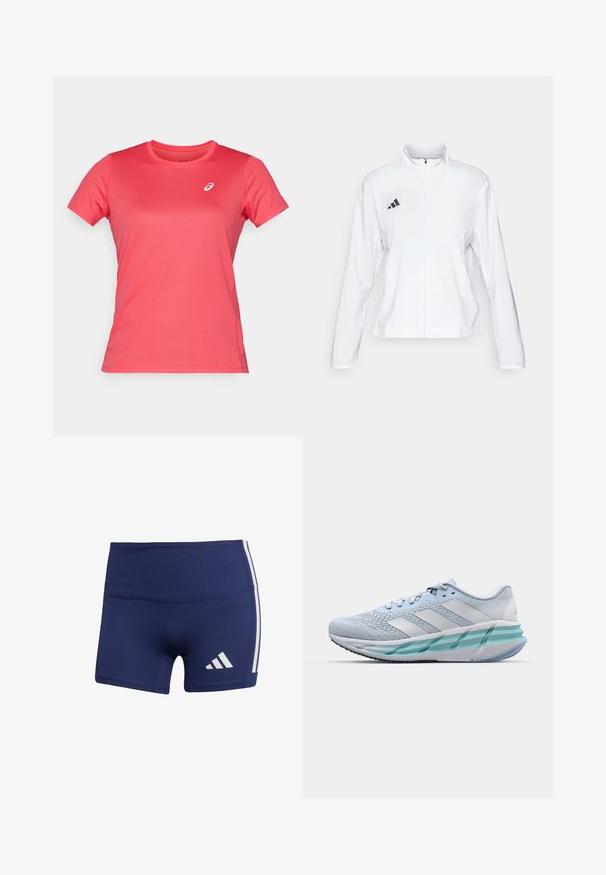 adidas Performance ADIZERO ESSENTIALS - Běžecká bunda - white; ASICS CORE TOP - Sportovní tričko - pixel pink; Tmavě modré sportovní šortky s těsným střihem, vyrobené z hladké látky, s bílými bočními pruhy a logem na dolní levé straně.; Světlomodré sportovní boty s texturovaným pleteným svrškem, bílými akcenty a průhledným zeleným mezipodešví. Oválná špička a polstrovaný límec.