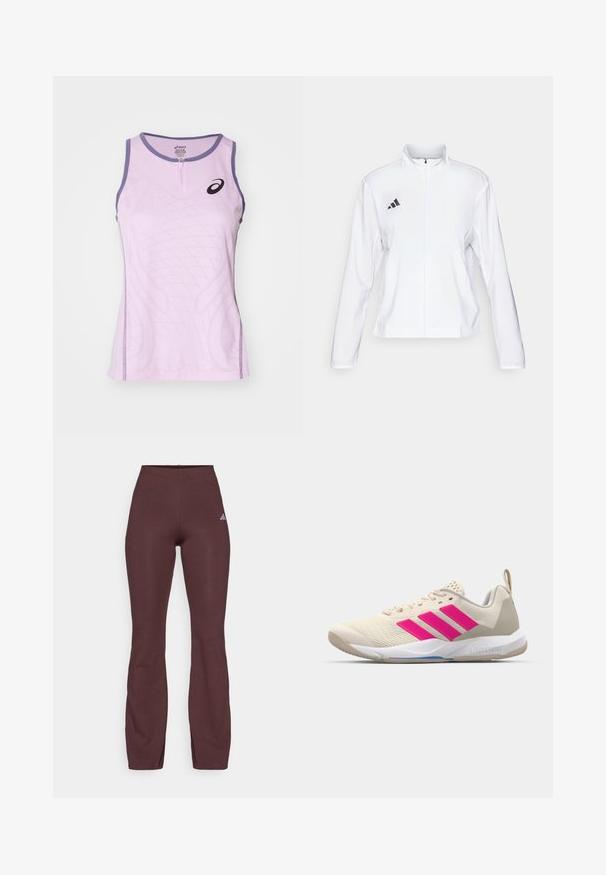 adidas Performance ADIZERO ESSENTIALS - Laufjacke - white; Helllila Sporttanktop mit einem Reißverschluss vorne, ausgestattet mit einem strukturierten Design und kontrastierenden dunkel-lila Akzenten am Halsausschnitt und an den Seiten.; Burgunderfarbene Sportleggings mit enger Passform, glatter Textur und dezentem Adidas-Logo in Helllila auf dem linken Oberschenkel.; Beige Sportsschuh mit pinkem Dreistreifen-Logo, strukturiertem Mesh-Obermaterial, gepolstertem Schaft und weißer Gummisohle, mit "LIGHTSTRIKE"-Branding.