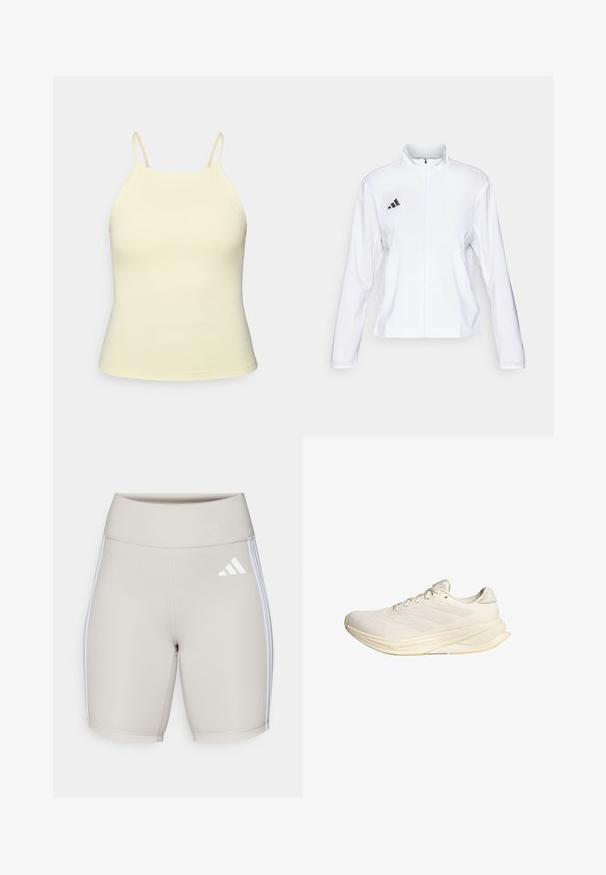 adidas Performance ADIZERO ESSENTIALS - Löparjacka - white; Ljust gult ärmlöst linne med tunna axelband, tillverkat av ett mjukt, stretchigt tyg. Har en figursydd silhuett och subtil detalj med logotyp.; Beige idrottsshorts med hög midja, slät yta, tre vita ränder på sidorna och en liten vit logotyp framtill.; Ljust beige atletisk sko med övre del av mesh, platta snören och en dämpad sula. Har tre-stripes-design på den laterala sidan.