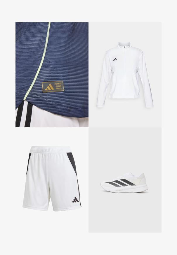 adidas Performance ADIZERO ESSENTIALS - Runningjack - white; Marine sportshirt met textuurpatroon, accentueert met lichtgroene piping en een Adidas gelicentieerd productlabel met een gouden logo.; Witte sportshorts met een zwart zijpaneel, gemaakt van lichtgewicht stof. Heeft een elastische tailleband en een zwart Adidas-logo op het onderbeen.; Witte sportschoen met zwarte diagonale strepen, bovenwerk van gaas, ronde neus en gestructureerde zool. Accenten zijn onder andere een zilveren hak en een minimalistisch ontwerp.